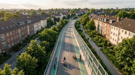 Visualisierung eines modernen Radschnellwegs in dicht besiedeltem Stadtgebiet mit separaten Fahrspuren