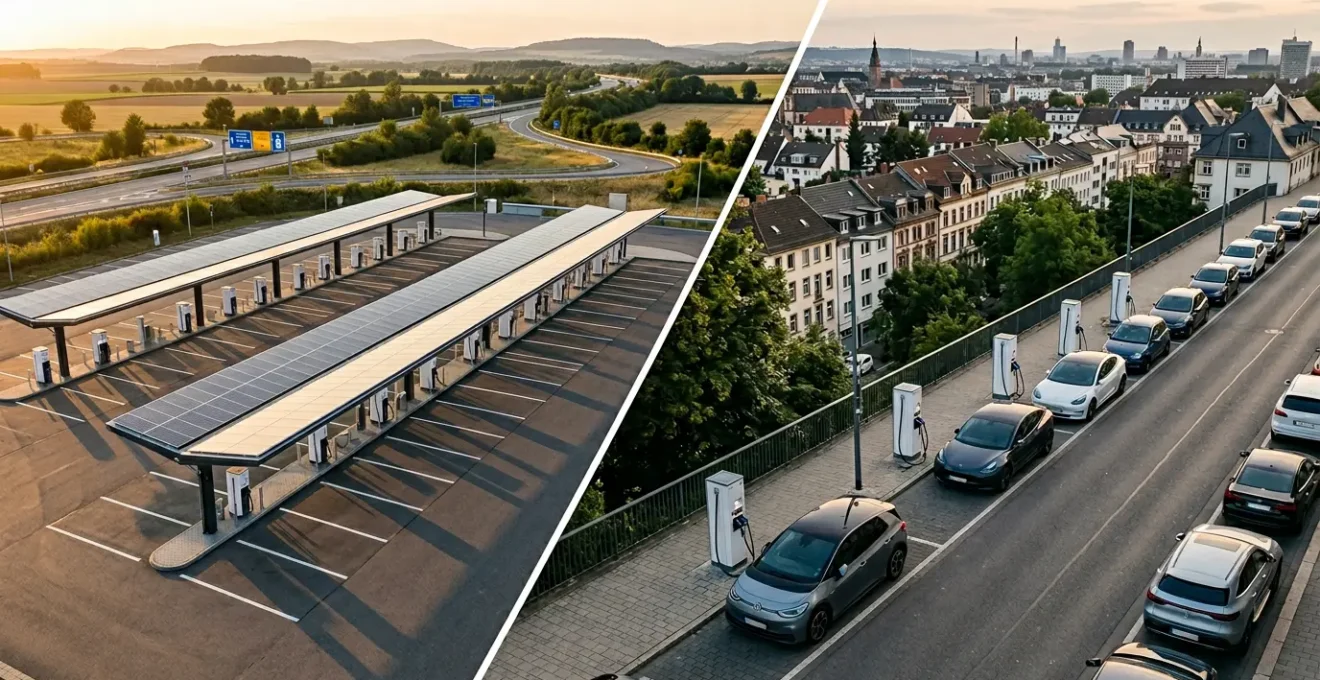 Leerer Schnellladepark an einer deutschen Autobahn im Kontrast zur überfüllten innerstädtischen Ladestation