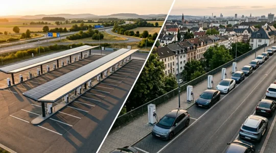 Leerer Schnellladepark an einer deutschen Autobahn im Kontrast zur überfüllten innerstädtischen Ladestation