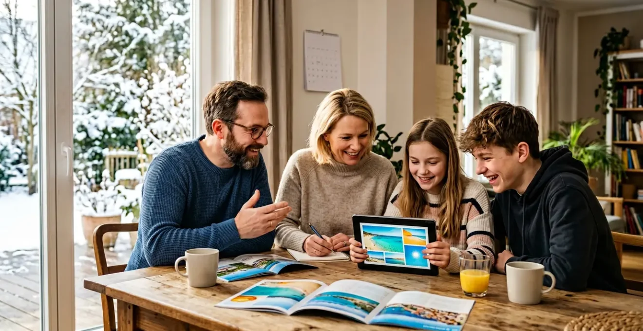 Familie plant gemeinsam Sommerurlaub mit Reiseunterlagen und digitalem Tablet
