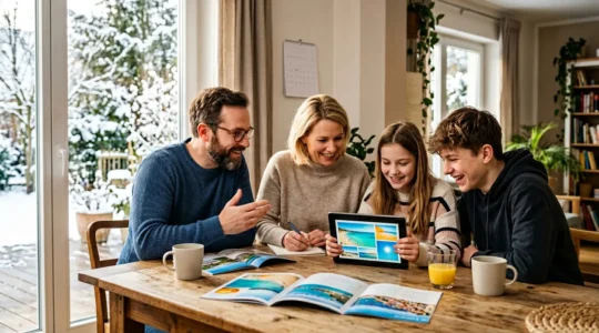 Familie plant gemeinsam Sommerurlaub mit Reiseunterlagen und digitalem Tablet