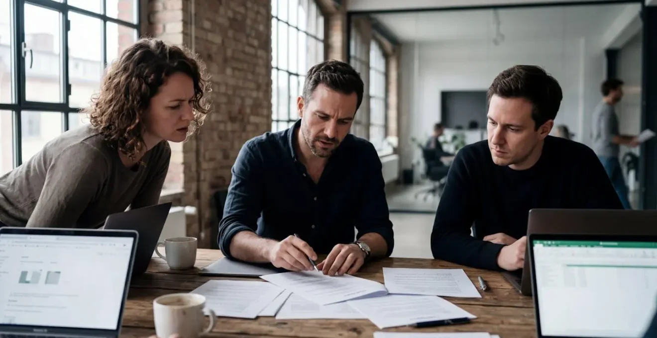 Gründerteam analysiert Vertragsunterlagen für Accelerator-Programm mit Fokus auf Anteilsabgabe