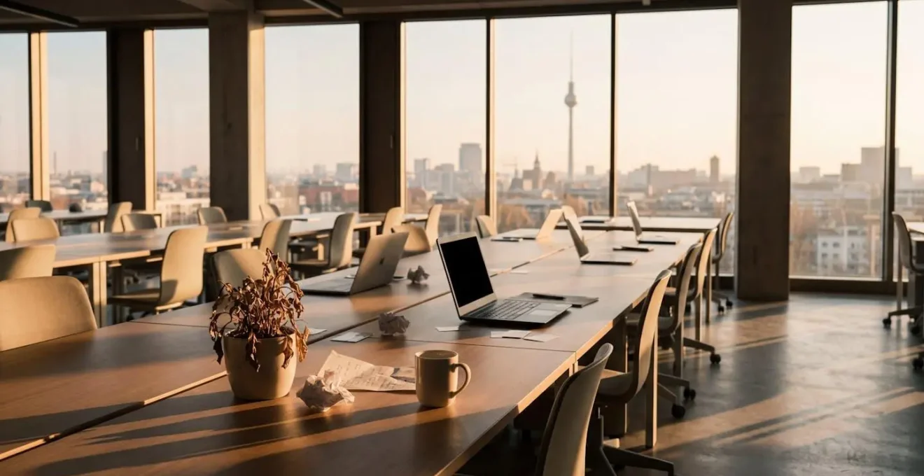 Weitwinkelaufnahme eines modernen Berliner Coworking-Spaces mit sichtbaren Zeichen gescheiterter Startups und aktiver Vernetzung