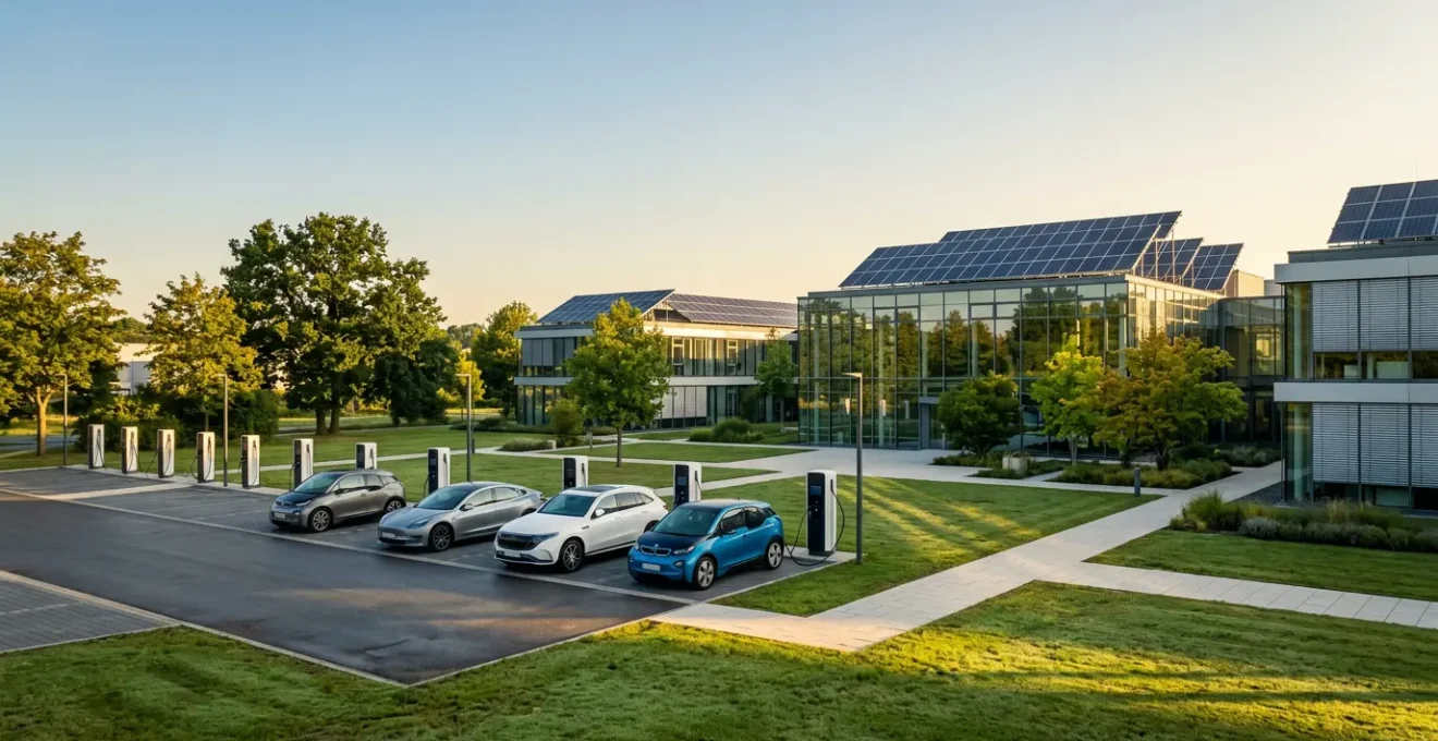 Moderne Elektrofahrzeugflotte vor deutschem Firmengebäude mit Solarpaneelen und Ladestationen