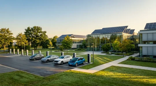 Moderne Elektrofahrzeugflotte vor deutschem Firmengebäude mit Solarpaneelen und Ladestationen