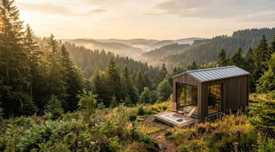 Gemütliches Tiny House im Schwarzwald mit Panoramablick auf bewaldete Hügel