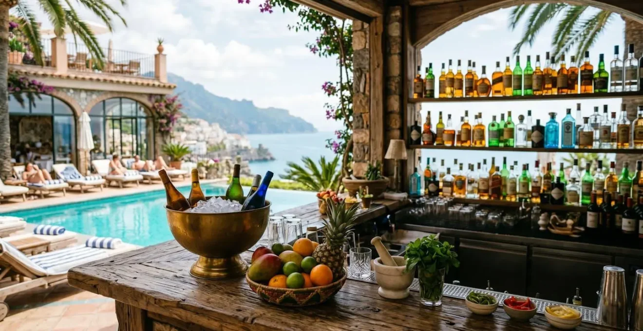 Eine stilvolle Hotelbar mit einer unscharfen Auswahl an bunten Getränkeflaschen im Hintergrund.