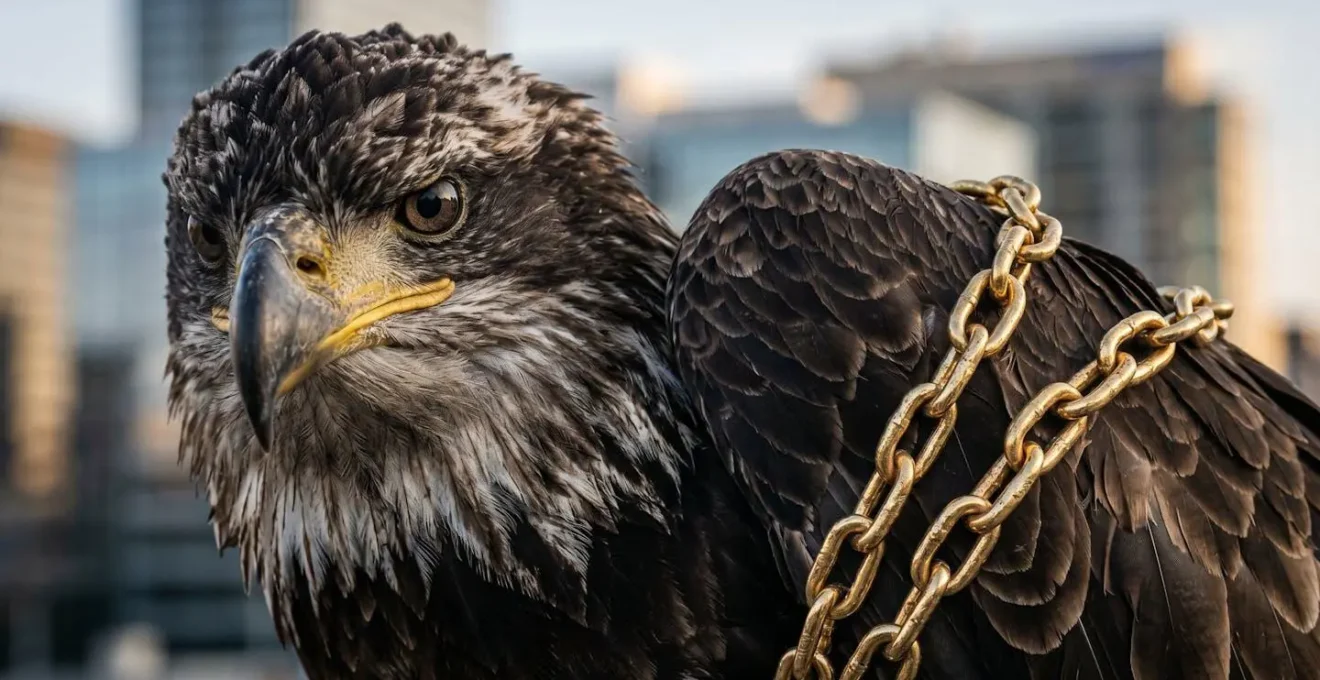 Adler mit goldenen Ketten gefesselt kann nicht fliegen - Metapher für deutsche Konzerne gefangen im eigenen Erfolg
