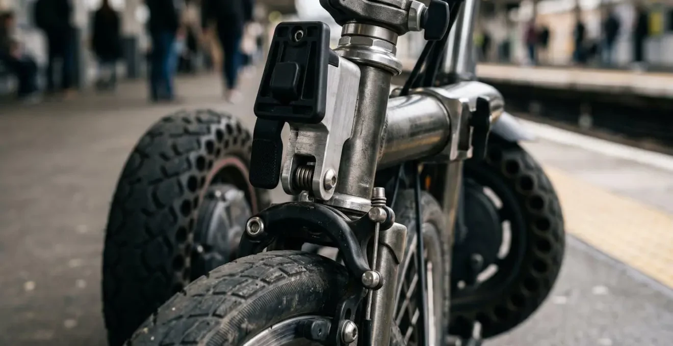 Detailaufnahme eines zusammengeklappten Brompton-Faltrads neben einem E-Scooter am Bahnsteig