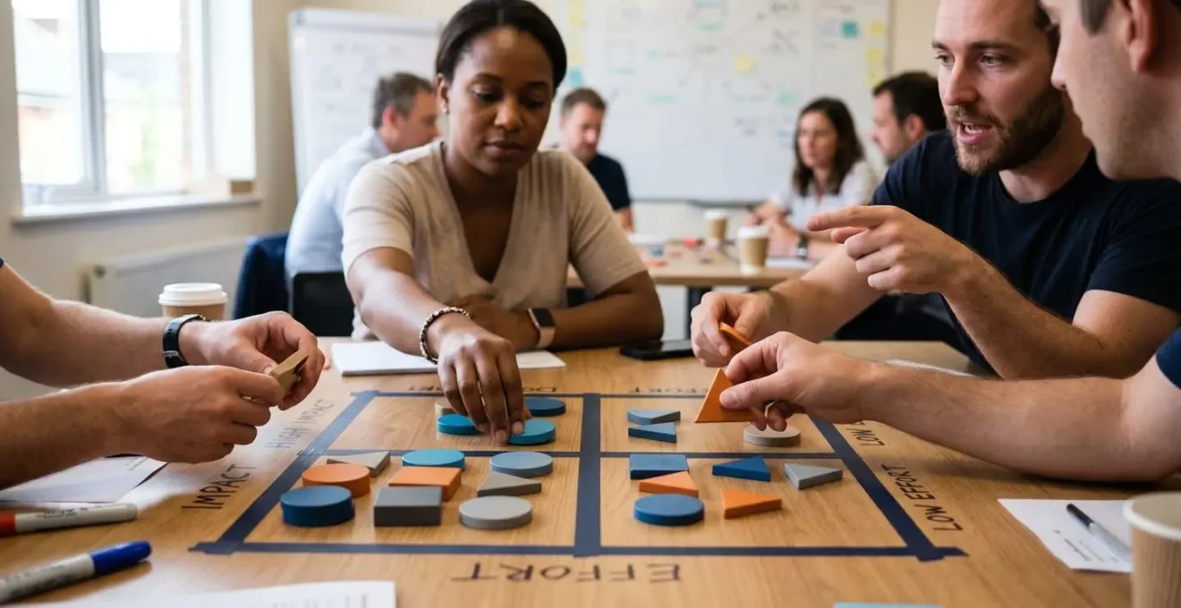 Workshop-Szene mit Ingenieuren die Features auf einer abstrakten Prioritätsmatrix bewerten