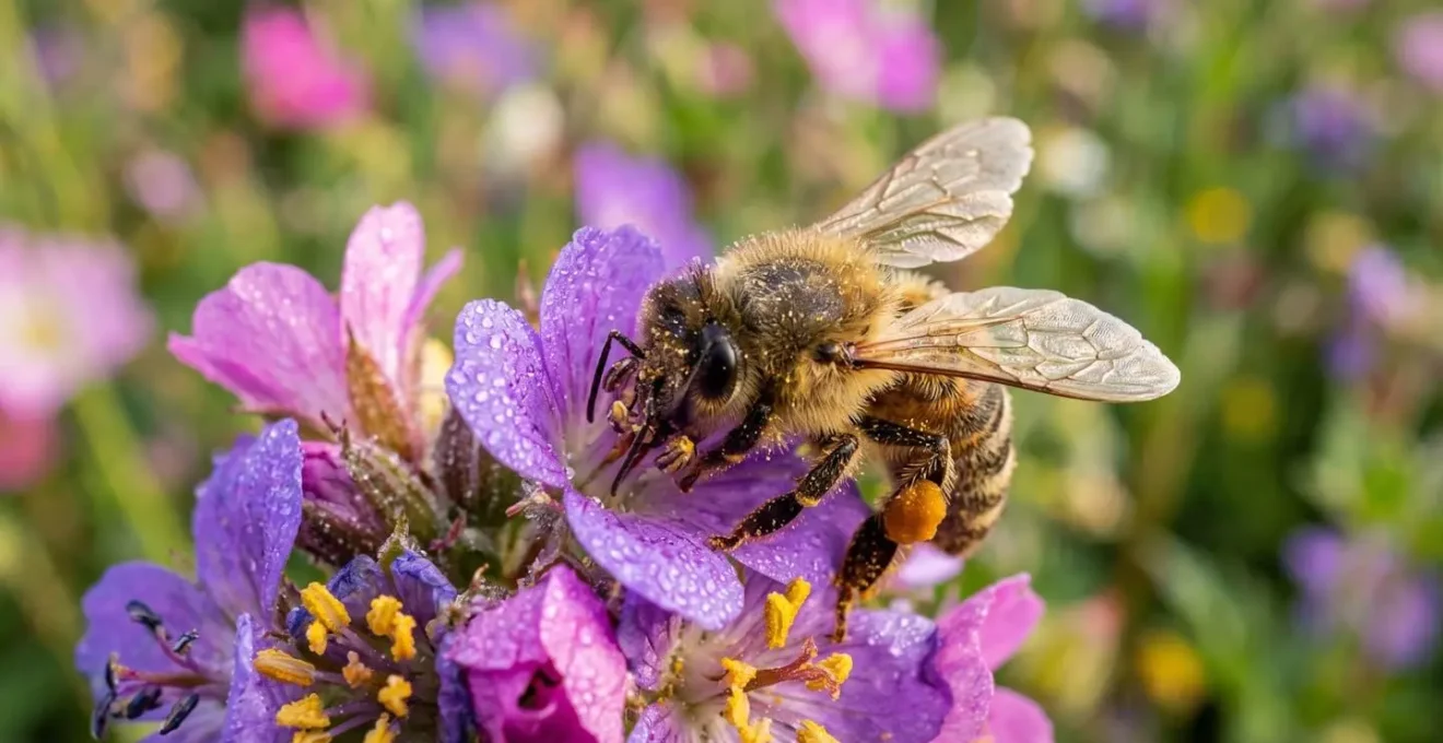 Makroaufnahme einer Wildblumenwiese mit Bienen und Schmetterlingen