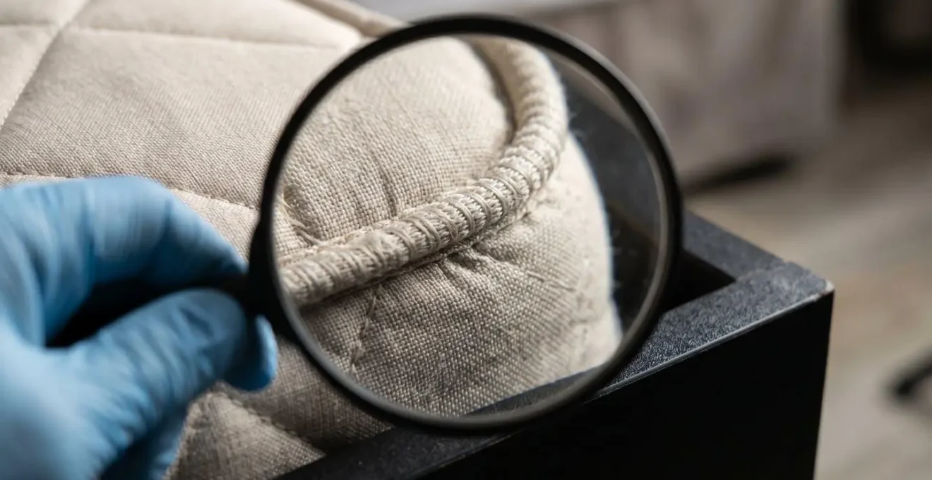 Detailaufnahme einer Matratzennaht mit Inspektionslupe zur Erkennung von Bettwanzen