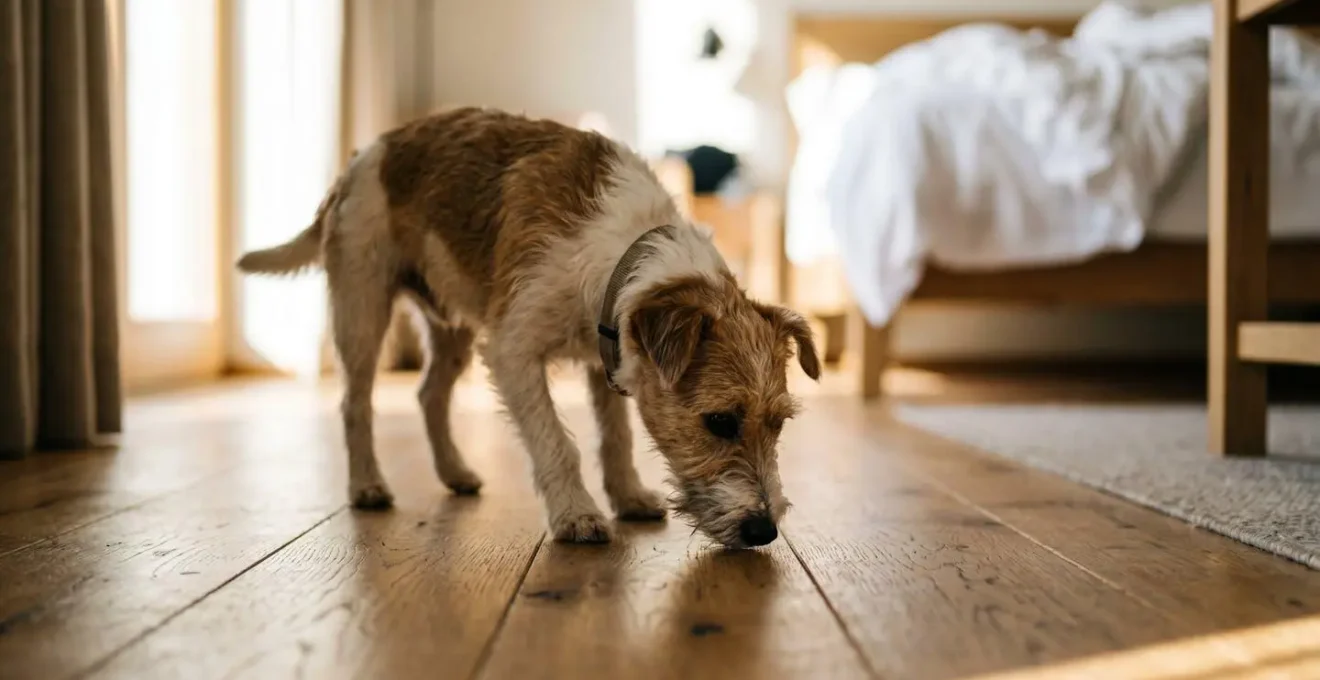 Hund schnüffelt vorsichtig in neuem Hotelzimmer