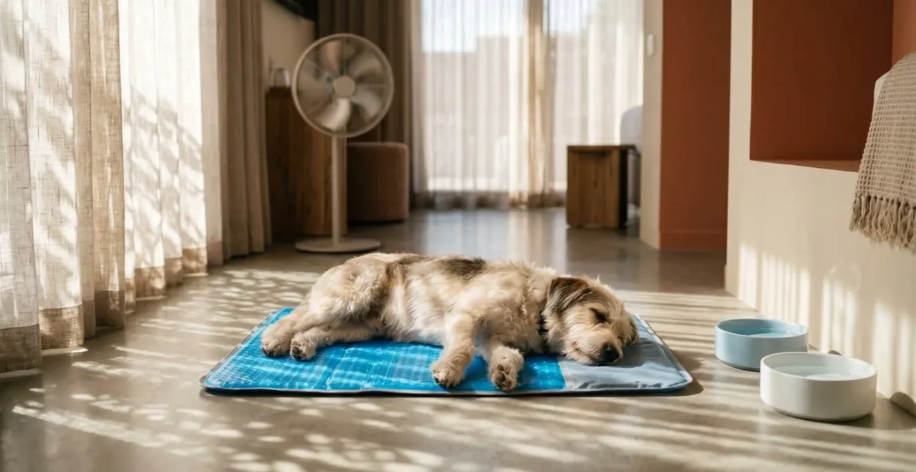 Hund liegt auf Kühlmatte in sommerlichem Hotelzimmer