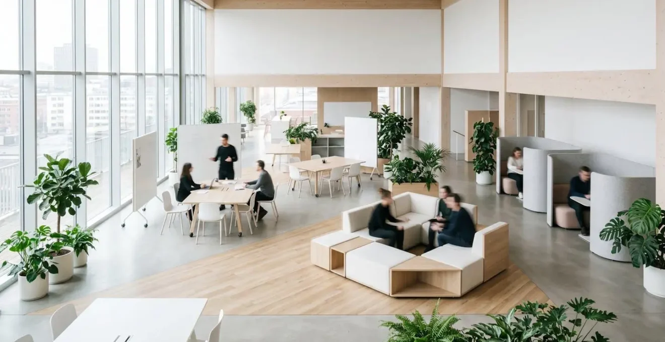 Modernes Collaboration-Hub mit flexiblen Arbeitszonen für hybride Teams
