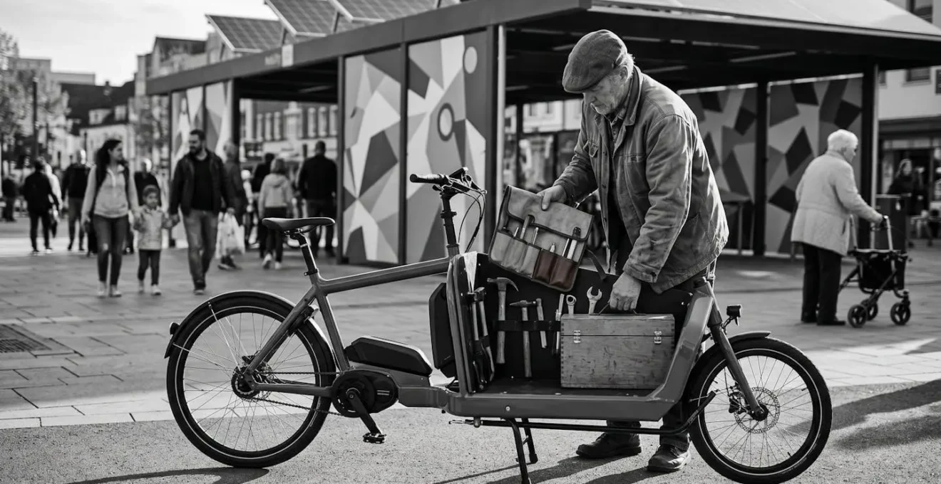 Handwerker mit speziellem Lastenrad an einer Mobilitätsstation am Rand einer autofreien Zone