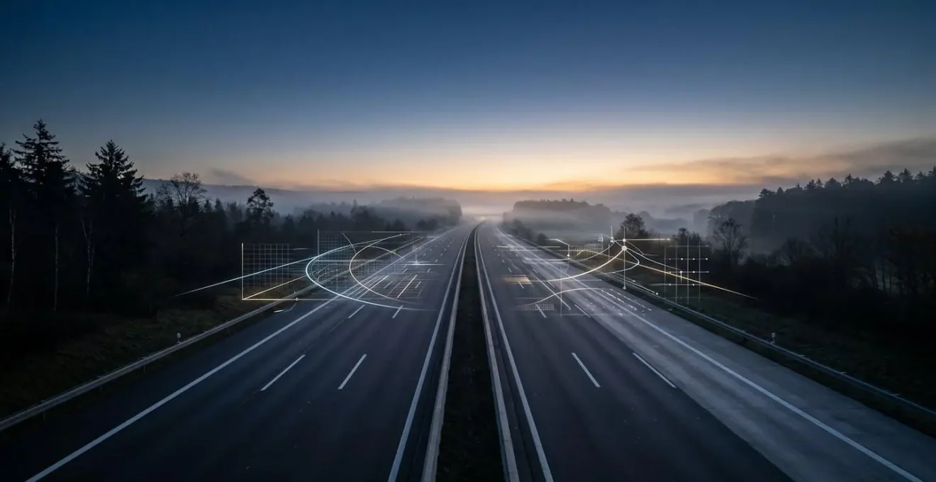 Weitwinkelaufnahme einer deutschen Autobahn mit abstrakten Zulassungssymbolen