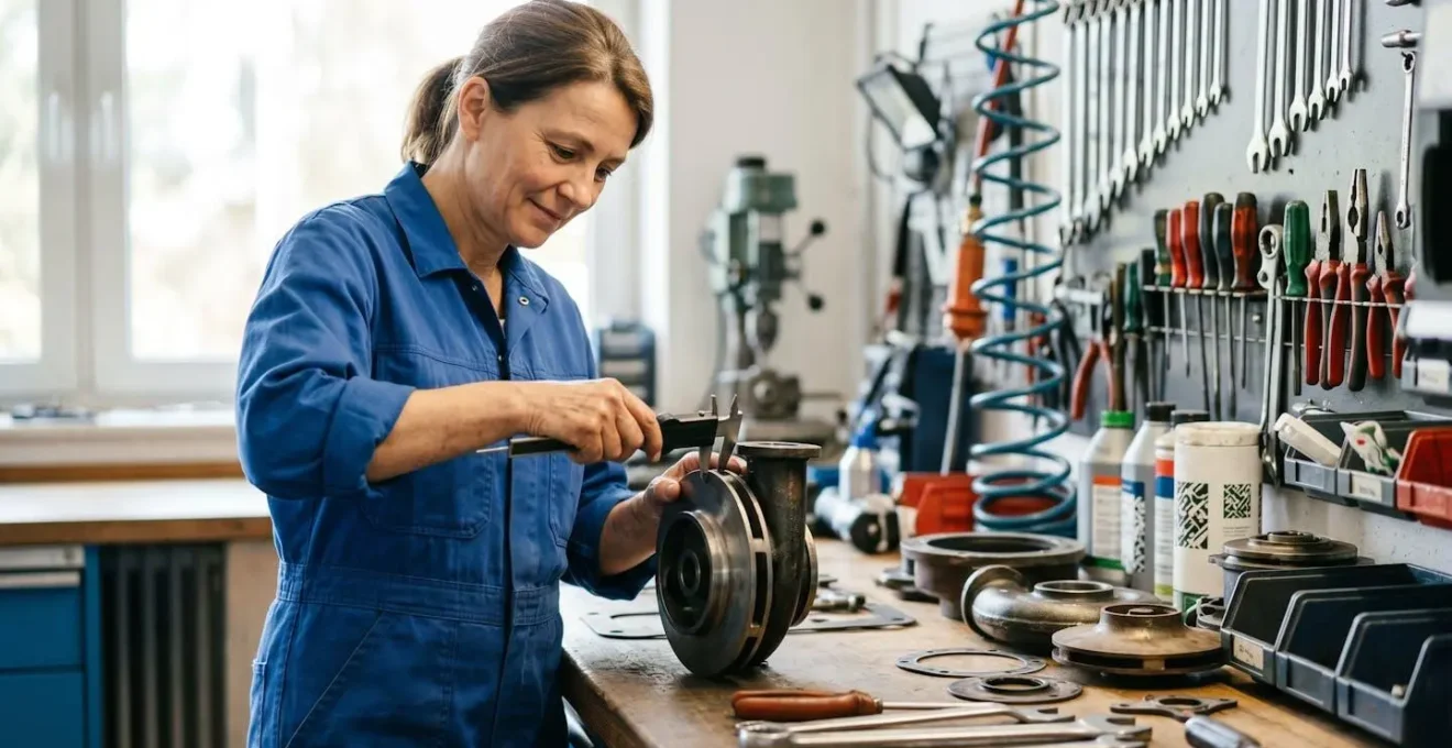 Techniker arbeitet an aufbereiteten Maschinenteilen in deutscher Werkstatt