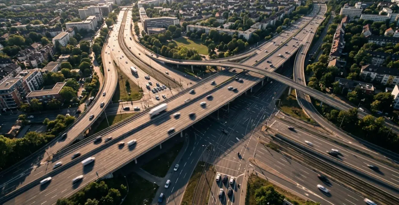 Vogelperspektive auf städtischen Verkehr mit sichtbaren Verkehrsströmen ohne lesbare Beschilderung
