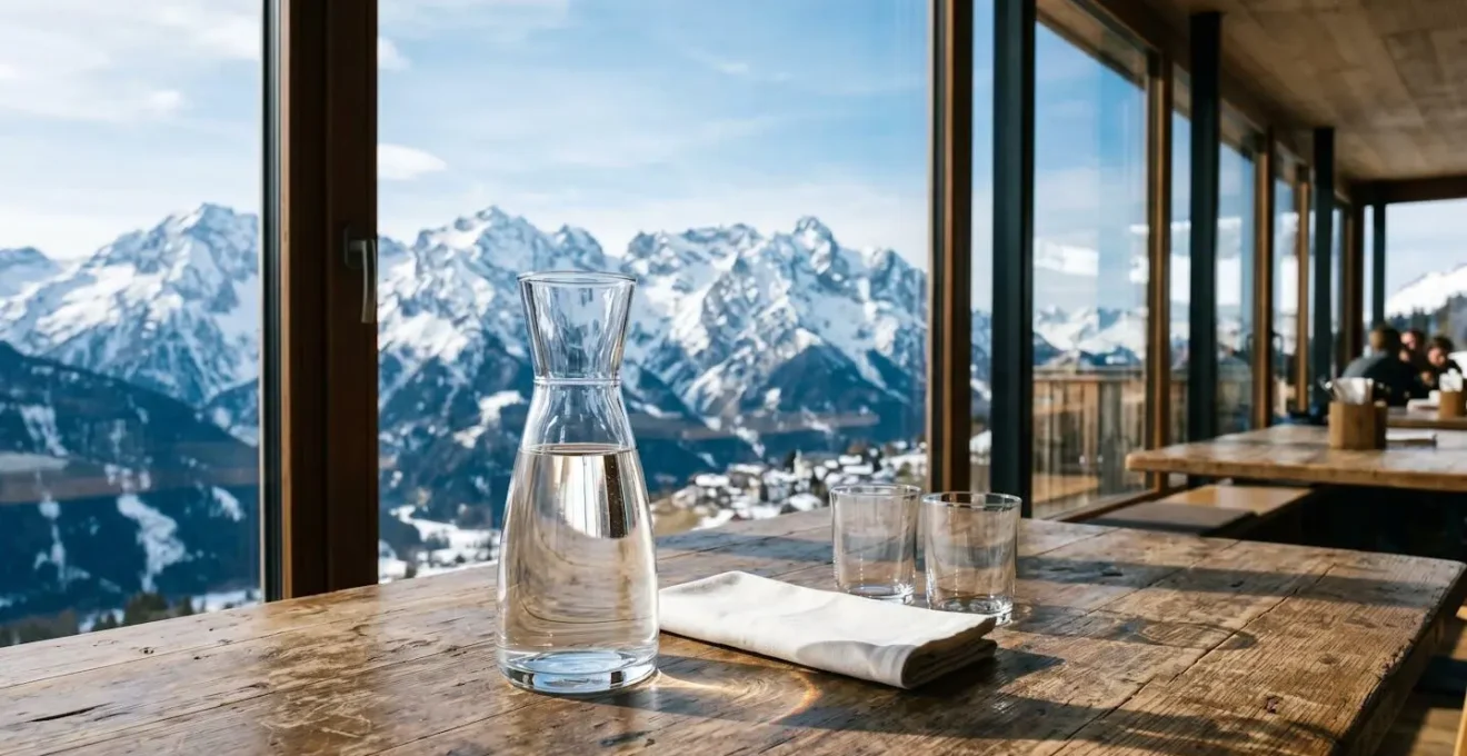 Glaskaraffe mit frischem Leitungswasser vor Tiroler Bergkulisse