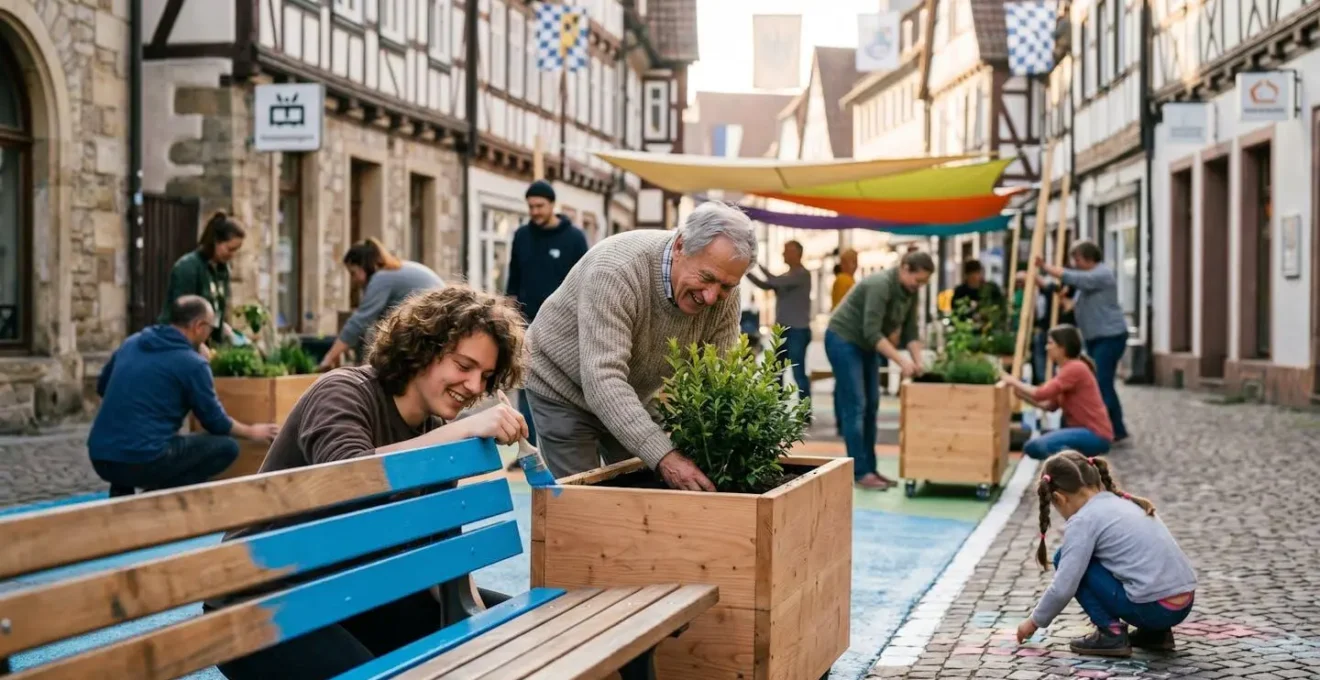 Menschen gestalten gemeinsam temporäre Stadtmöbel und Begrünung in einer ehemaligen Parkzone