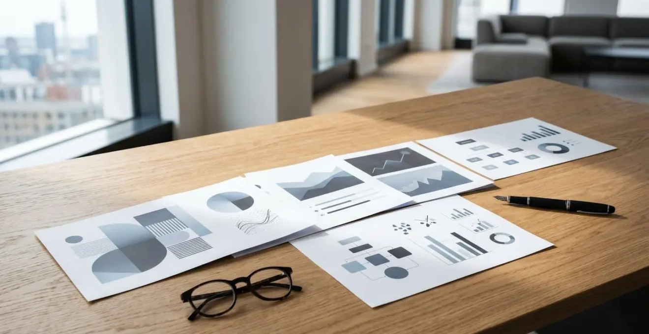 Minimalistisches Pitch Deck Layout mit klarer visueller Hierarchie auf einem eleganten Schreibtisch