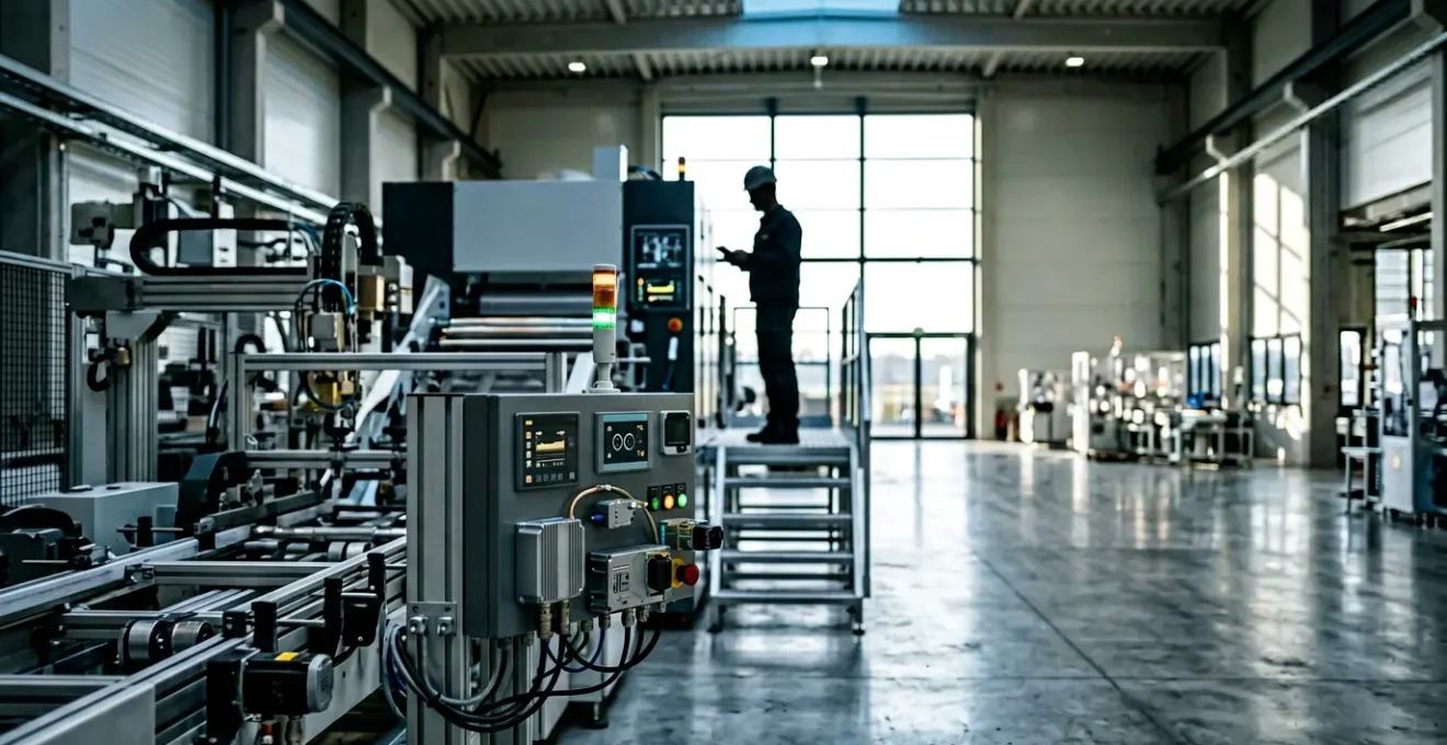 Techniker analysiert Maschinendaten auf Tablet in moderner Produktionshalle