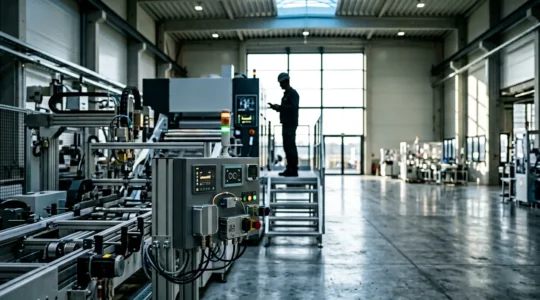 Techniker analysiert Maschinendaten auf Tablet in moderner Produktionshalle