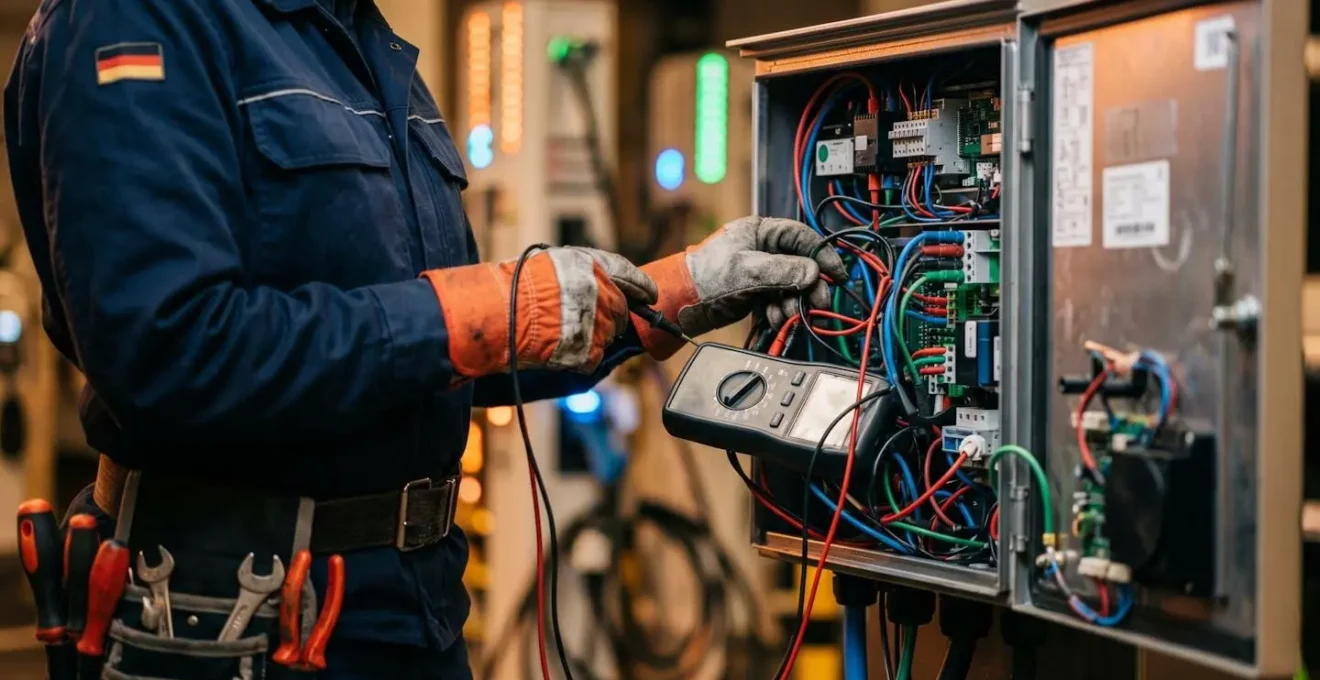 Techniker bei der präventiven Wartung einer Schnellladestation mit digitalen Diagnosedaten