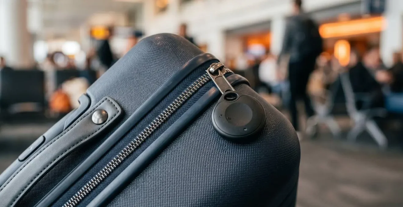 Nahaufnahme von Reisekoffer mit Tracking-Gerät in Flughafenumgebung