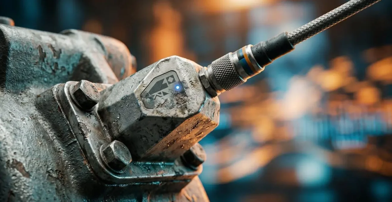 Makroaufnahme von Industriesensor mit Datenvisualisierung im Hintergrund