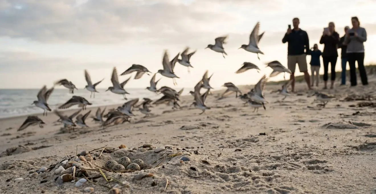Gestörte Vögel fliehen vor Touristen mit Smartphones im Wattenmeer