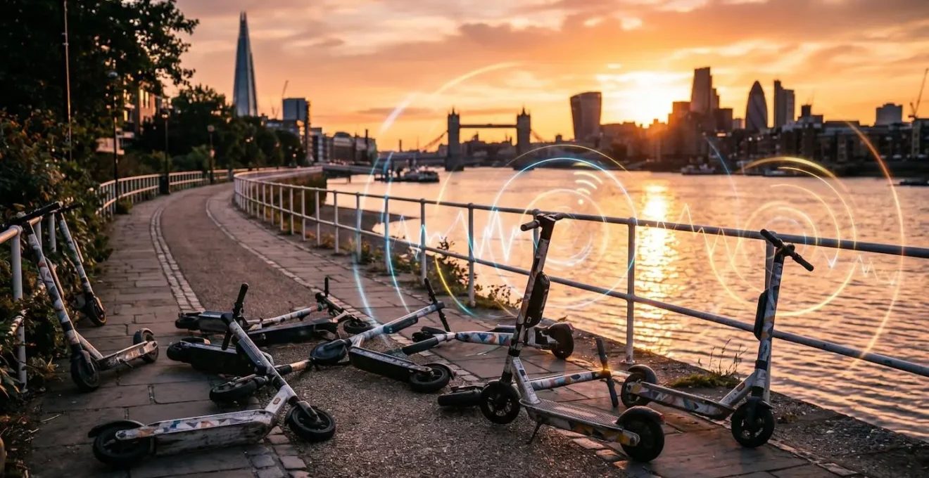 E-Scooter chaotisch am Flussufer abgestellt mit GPS-Drift-Visualisierung