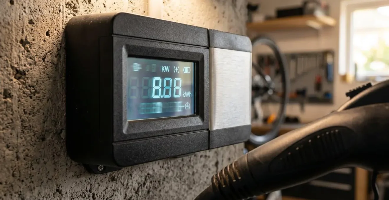 Nahaufnahme einer modernen Wallbox mit digitalem MID-Zähler Display in deutscher Hausgarage